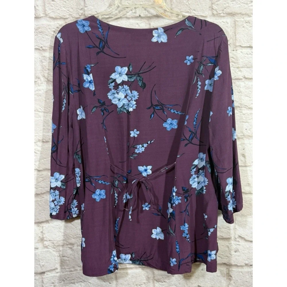 J‎ Jill Blouse Top 1X Purple Floral Rayon Button Up 3/4 Sleeve Back Tie